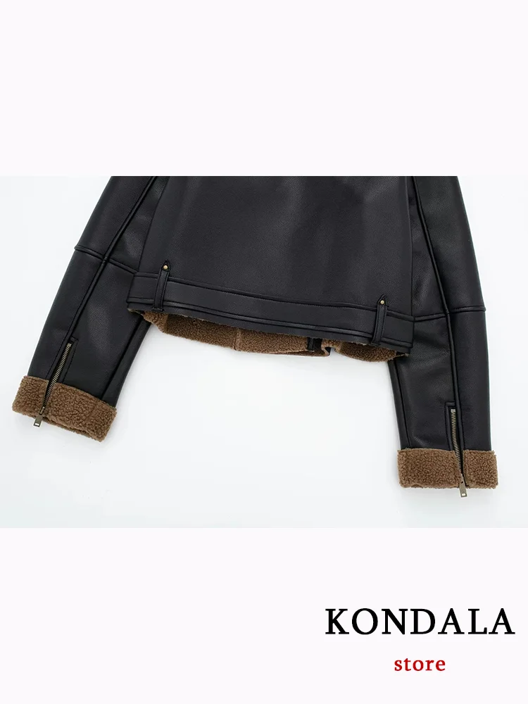 KONDALA Casual Women Leather Jackets Pockets Zippers Long Sleeve Thick Fur Coats Fashion 2023 Autumn Winter Jackets Outwears