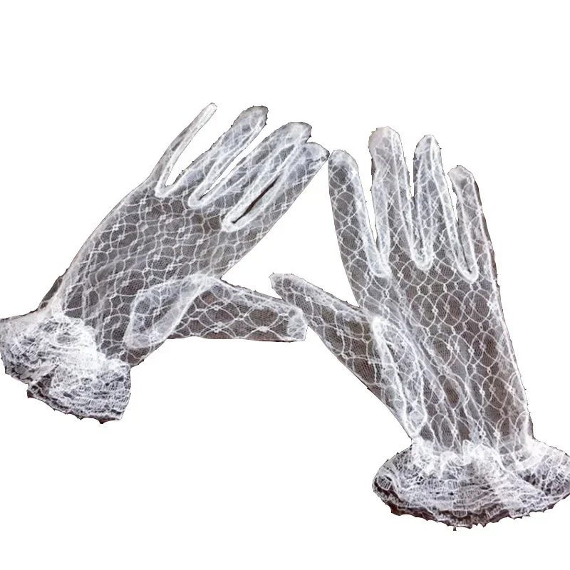 Romantic Sheer Mesh Bridal Gloves with Ruffled Cuffs and Embroidery