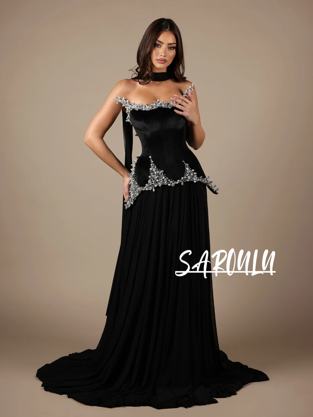 

High-end Black Evening Dress Delicate Pearl Crystal Embellished Corset Prom Gown Customized Elegant Flowing A Line Party Wear