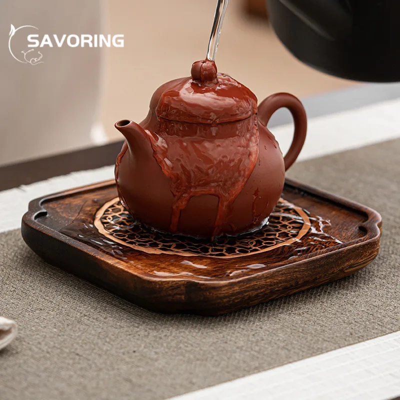 Handmade Walnut Crabapple Pot Bearing Holder Siold Wood Dry Brew Table Tea Tray Zinc Alloy Bowl Support Tea Ceremony Ornaments