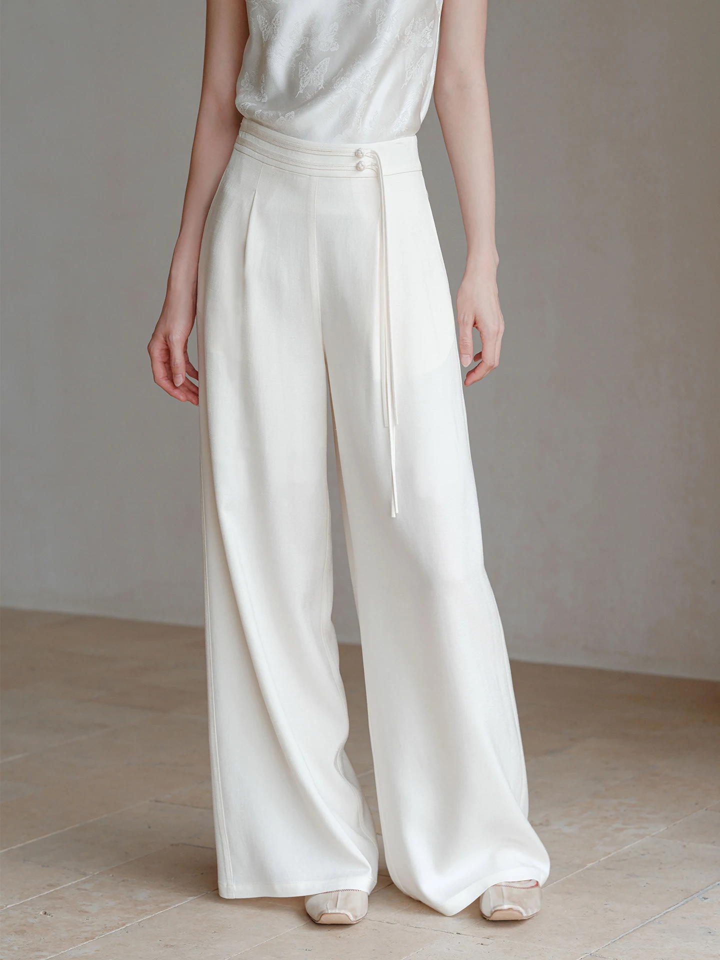 

Summer Thin Wide Leg Pants Women's Loose Drape Texture White Acetate Long Trousers Chinese Sle New Faion High Waist Elastic