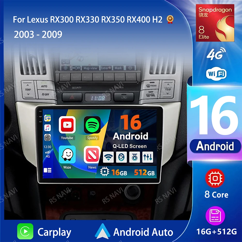 Radio para Auto Android 16 con wifi+4G y Carplay para Lexus RX300 RX330 RX350 RX400H 2003-2009, Navegación GPS, Reproductor Estéreo Multimedia