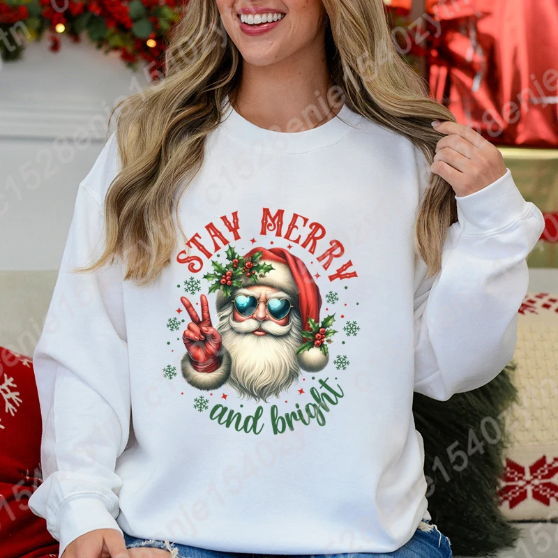 

Christmas Santa Stay Merry And Bright Print Women Pullovers Autumn And Winter Ladies Long Sleeves Sweatshirt Hoodless Sweatshirt