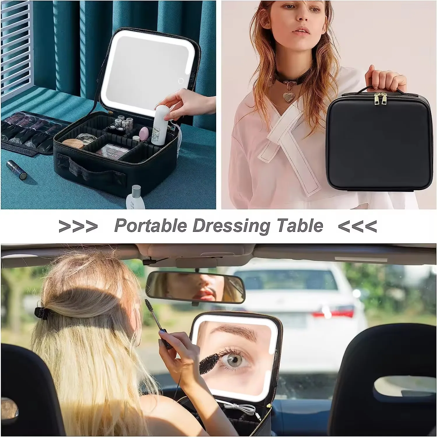 Large capacity portable makeup bag Travel cosmetic storage case with DIY divider Smart with 3 colors Led light mirror