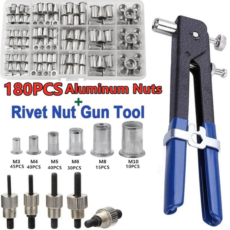 

180PCS Rivet Nuts Gun Mandrel Kit M3/M4/M5/M6/M8 or Nut Rivet Mandrels Repairtool Rivetgun Flatheadscrew Pop Nut Rivet Gun Set