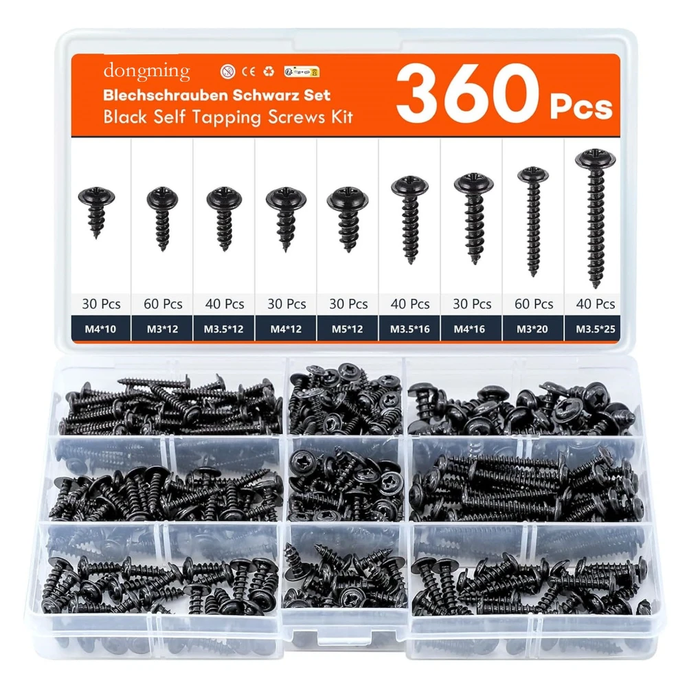 

360pcs Cross Belt Pad Self-tapping Screw Set 1008 Carbon Steel PWA Black Hardened M3-M4.8 Cross Belt Pad Self-tapping Box