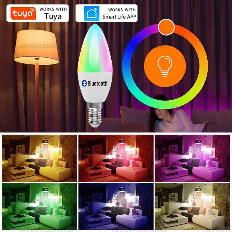 لمبة شمعة مصباح ذكي E14 TUYA واي فاي بلوتوث عكس الضوء RGB ضوء 220 فولت تويا APP مجموعة التحكم الحياة الذكية لتزيين غرفة المنزل