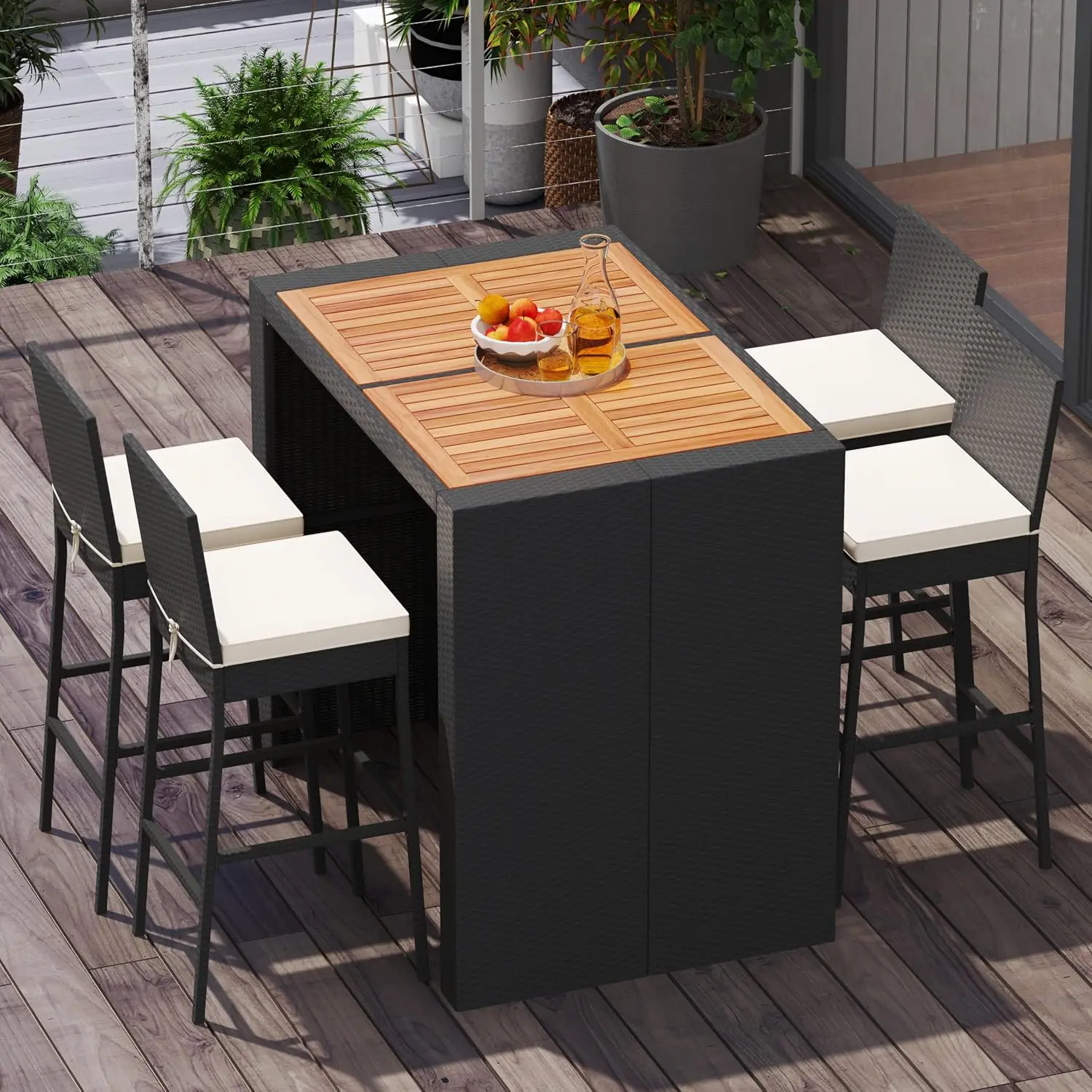 5 Piece Outdoor Bar Set Wicker Rattan Bar Height Dining Table Acacia Wood Top 4 Bar Stools Chairs Seat Cushions Backrest Footres