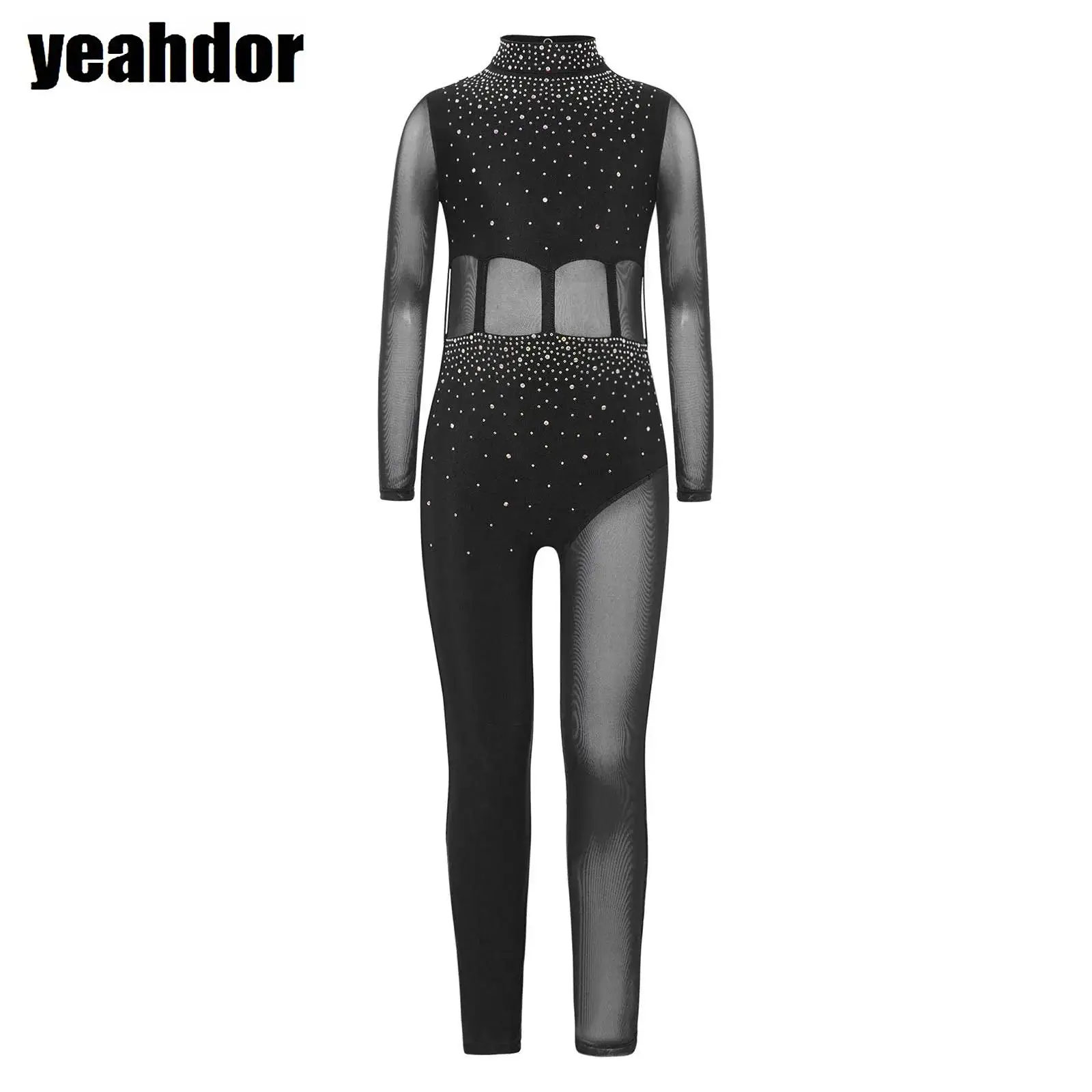 

Girls Gymnastics Leotard Jumpsuit Figure Skating Dance Costume Mock Neck Long Sleeve Sheer Mesh Rhinestones Bodysuit Unitards