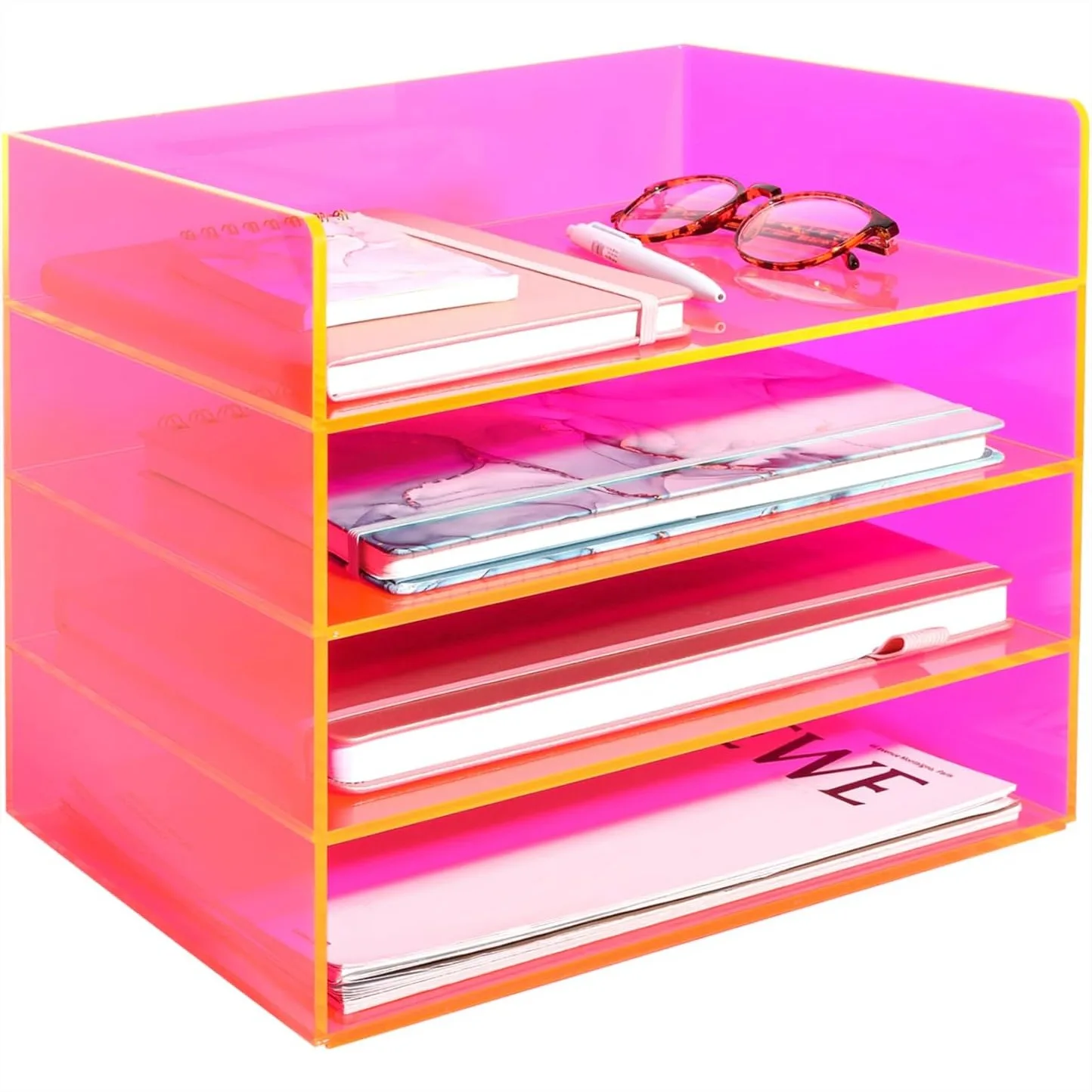 

Acrylic File Organizer for Desk 4 Tier Stackable Letter Tray Office Paper Storage Document Sorter Neon Pink
