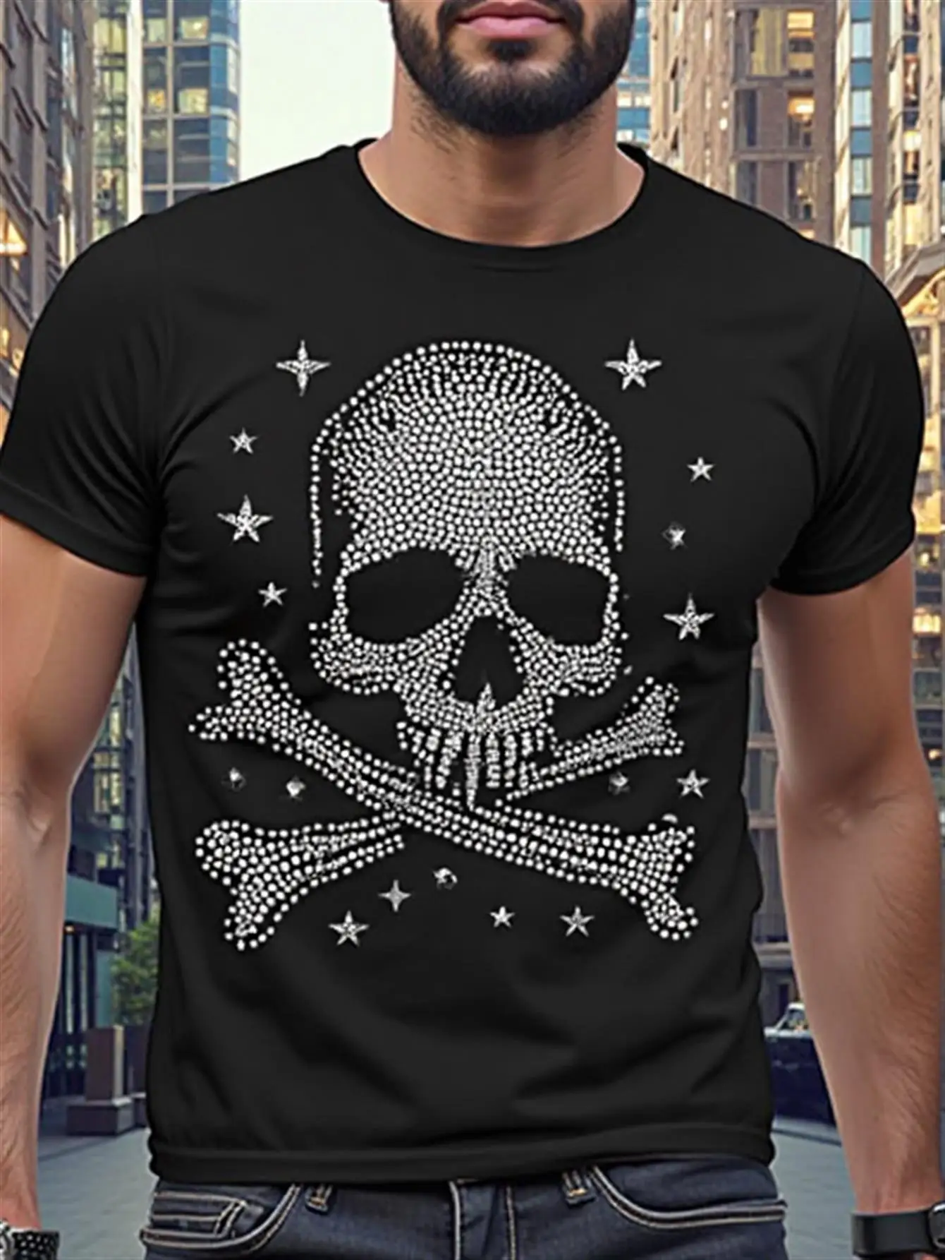 

Men's Black Shiny Rhinestone Skull Pattern Cotton T-Shirt Short Sleeve Crew Neck Casual Gothic Pirate Shirt All-Season Comfortable Suitable for Themed Parties and Everyday Wear Machine Washable Holiday Gift Halloween Men's T-Shirt