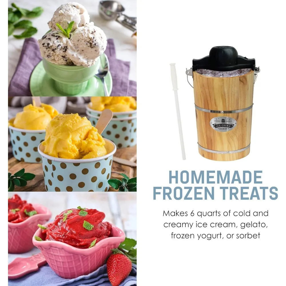 6 Quart Vintage Wood Bucket Electric Ice Cream Maker Machine ,for Churning, Uses Ice and Rock Salt Churns Ice Cream in Minute