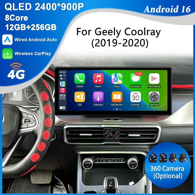 12.3 inch QLED Touch Android 16 BT 4G Wifi GPS CarPlay Auto Multimedia Stereo Head Unit for Geely Coolray 2019-2020 DSP Device