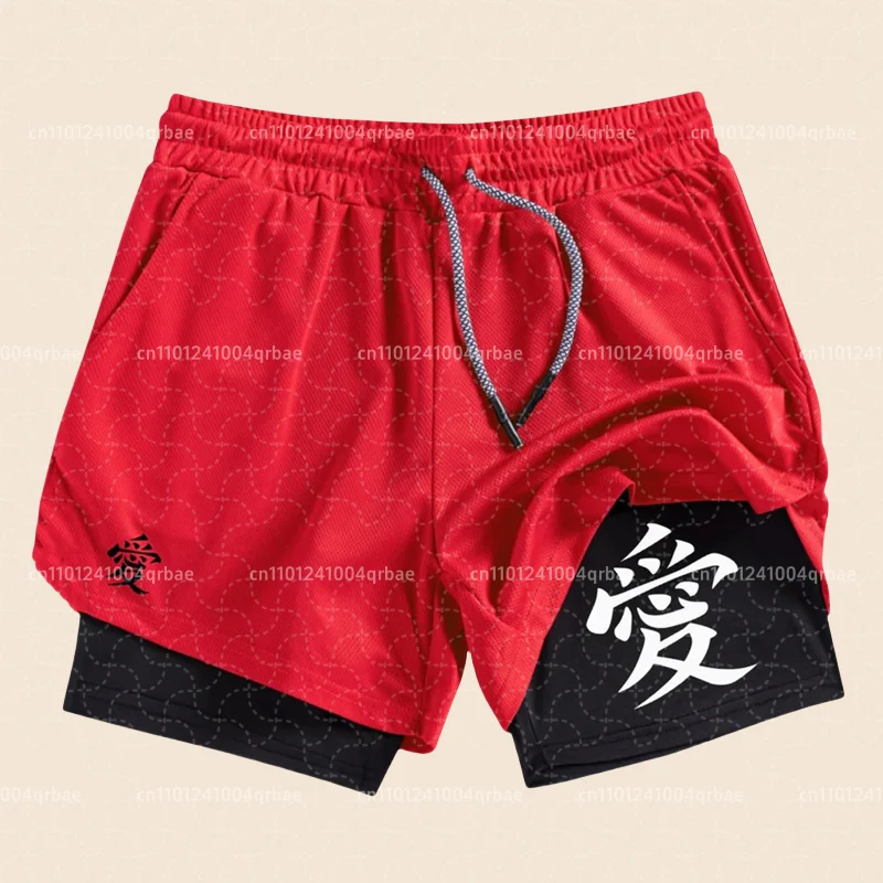 

Character Love Print 2-in-1 Men's Shorts Gym Sports Shorts with Mobile Phone Pocket Exercise Running Motorcycle Quick Drying