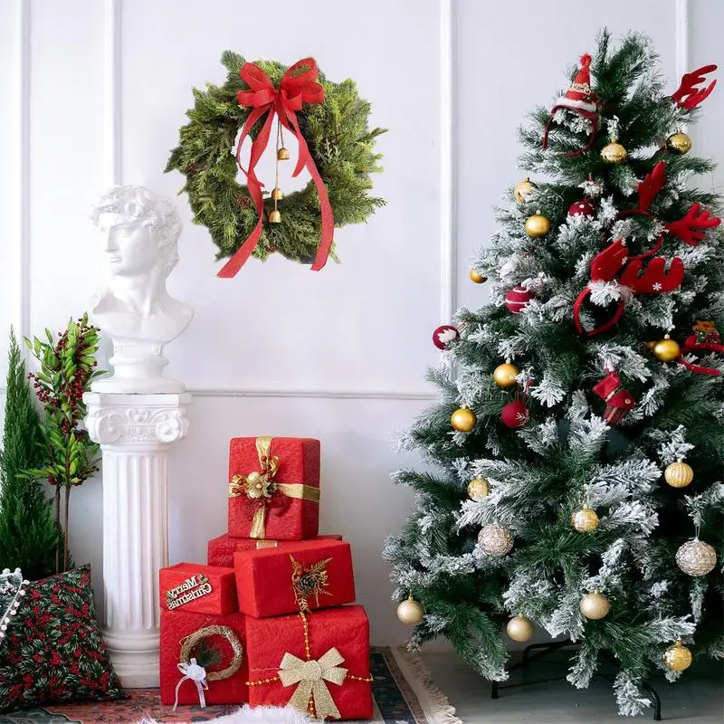 Grinaldas de flores artificiais de natal, ornamento de boas-vindas para porta frontal de natal com sino, decoração de ano novo para decoração de janela de porta frontal