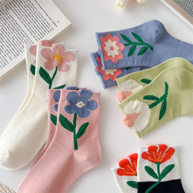 

New Women Socks Japanese Korean Style Cartoon Flower Candy Color Harajuku Kawaii Mid Tube Socks Breathable Casual Short Socks