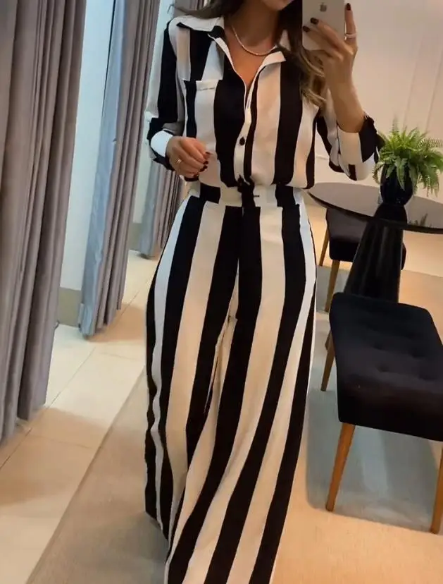 Elegant 2 Piece Set Women Outfit 2023 Autumn Long Sleeve Turn-Down Collar Striped Pocket Design Shirt & Wide Leg Work Pants Set