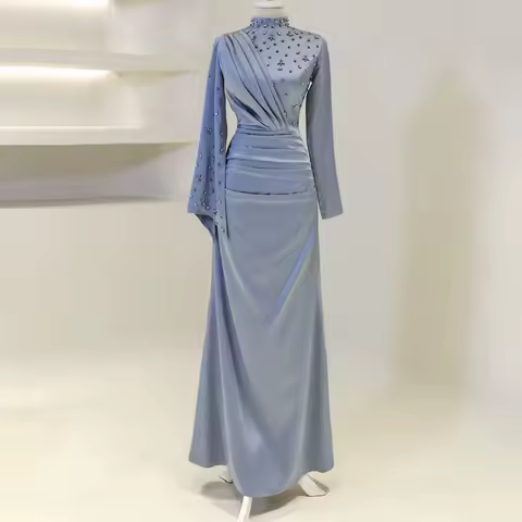 Customized Wedding Guest Dress Sky Blue Satin Long Sleeve Crystal Formal Party Gowns for Women High Collar Mermaid Evening Dress