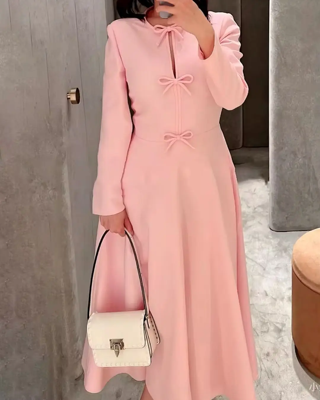 

Customized Long Sleeves Prom Dresses O-Neck Bow Ankle Length Formal Occasion Dress Pink Evening Dresses