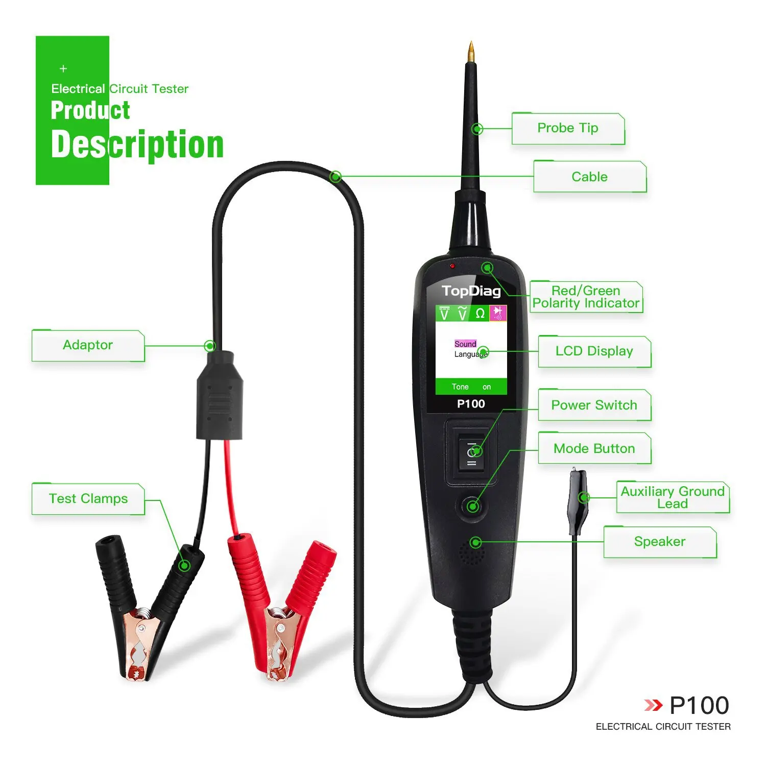 

JDiag P100 New Generation Automotive Electrical Circuit System Tester for Cars and Trucks 0V - 70V