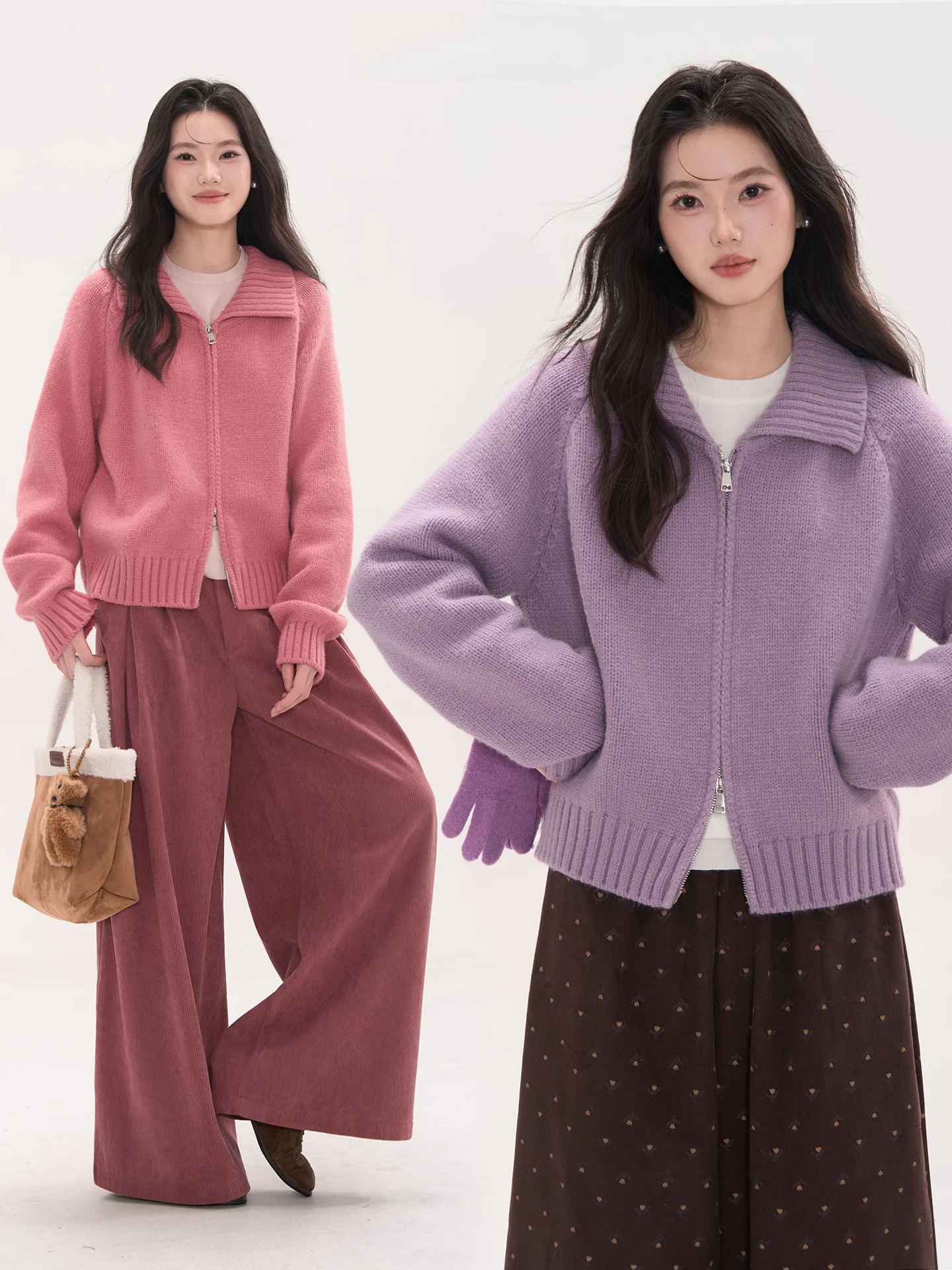 

Floral Field Window Heme Thiened Double Zipper Knitted Sweater Coat Women's Loose Fit Long Sve Warm Pure Color Autumn Wi...