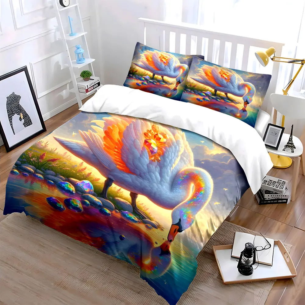Bright Swan with Glittering Crystals Pattern Duvet Cover Set Digital Print Colorful Polyester Bedding with Zipper Closur