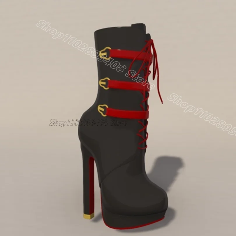 

Black Lace up Round Toe Boots Platform Side Zipper British Style Buckle Decor Women Party Dress Short Boots Zapatos Para Mujere