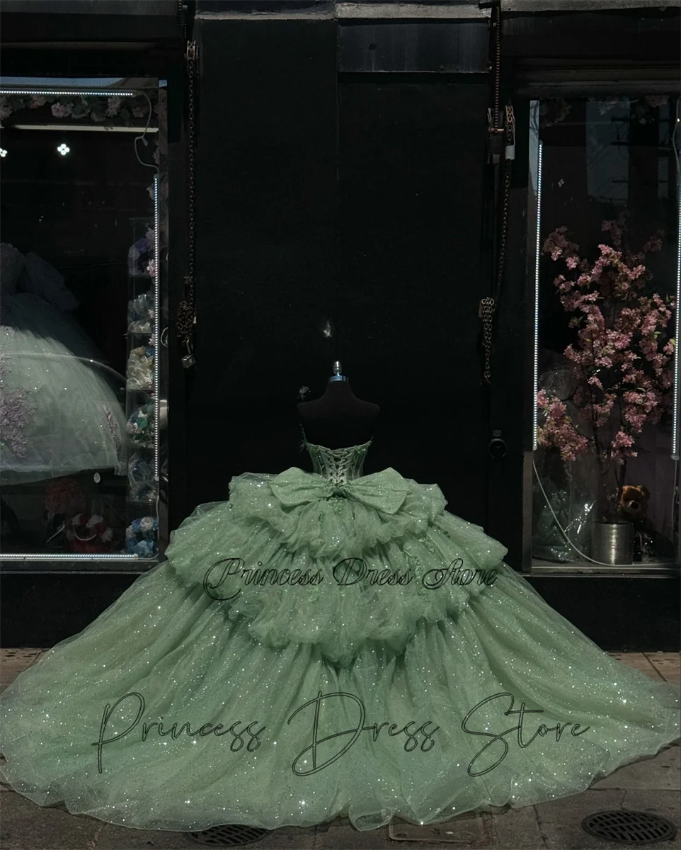 Elegante vestido para quinceañeras verde menta brillante vestido De baile México apliques florales 3D corsé con lazo con cuentas dulce 16 Vestidos De 15 Años