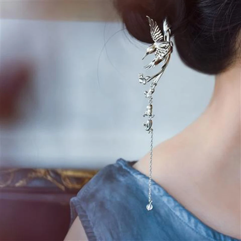 Independent new design silver magpie hairpin ancient style original art tassel wind chimeaccesories for women jewelry