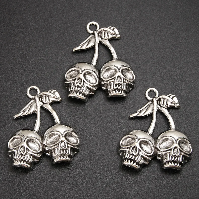 10pcs Silver Color 38.5x32mm Cherry Skull Skeleton Charms Halloween Pendant For DIY Handmade Metal Jewelry Making Accessories