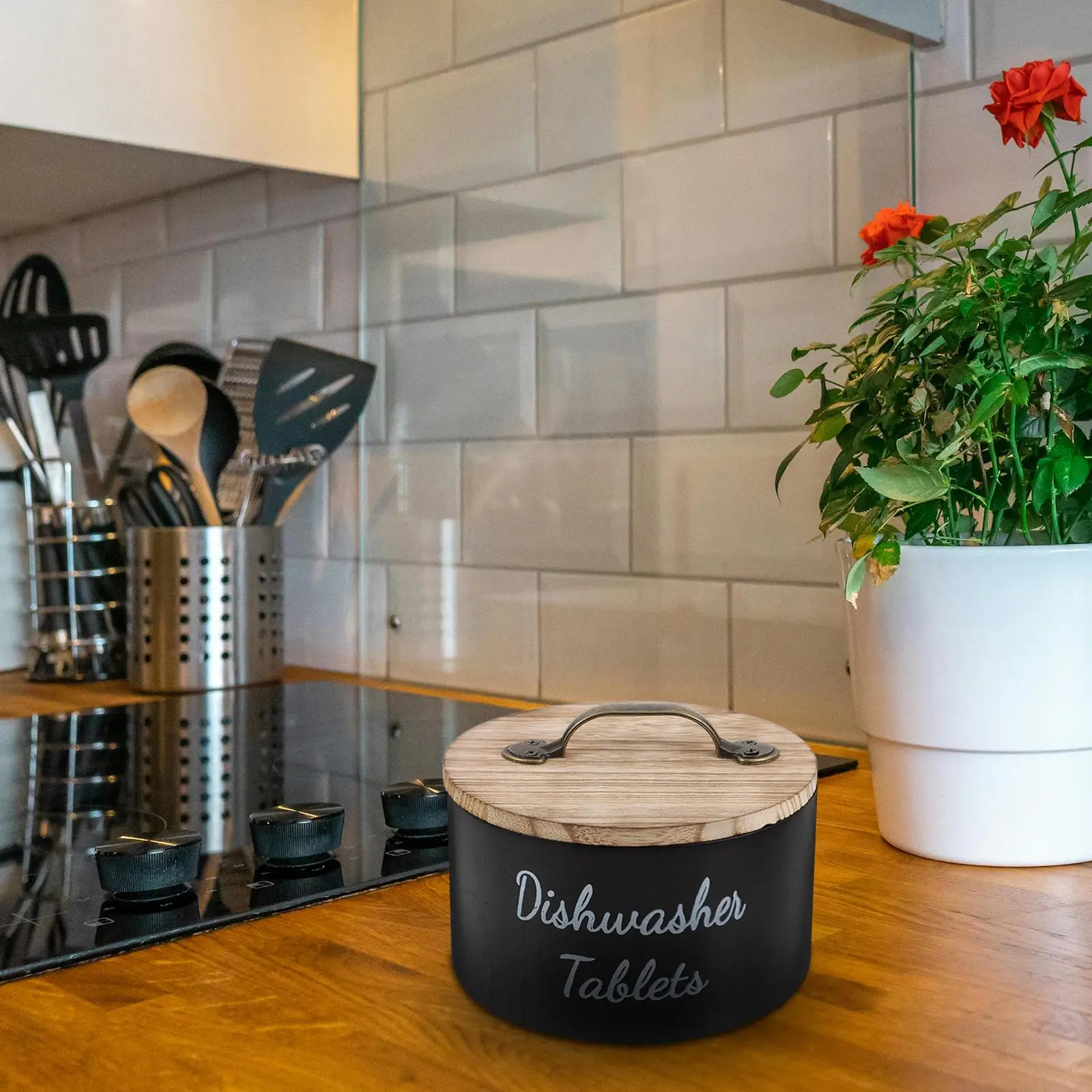 

Wooden Dishwasher Pod Container Airtight Lid Laundry Powder Holder Compact Kitchen Storage Box Round Versatile