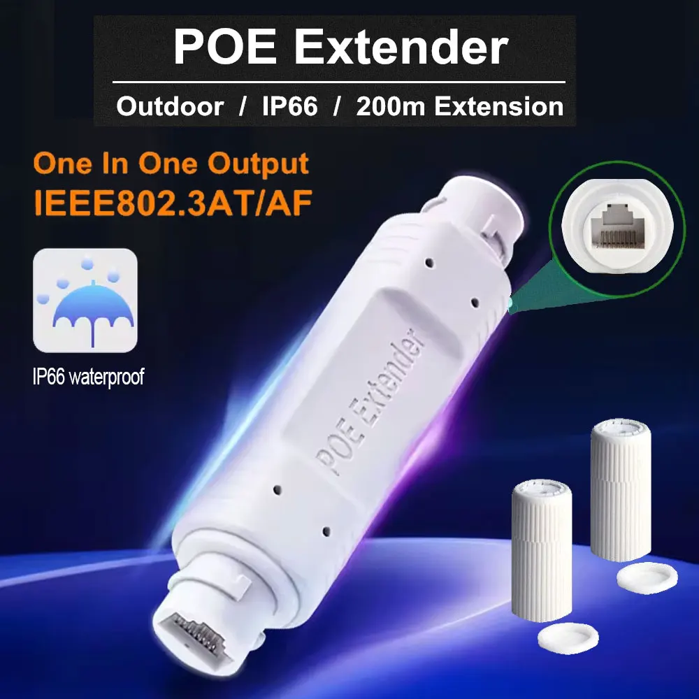 POE Extender/Repeater Waterproof Extension POE injector Adapter IEEE802.3at/af Plug&Play for PoE Switch NVR IP Camera