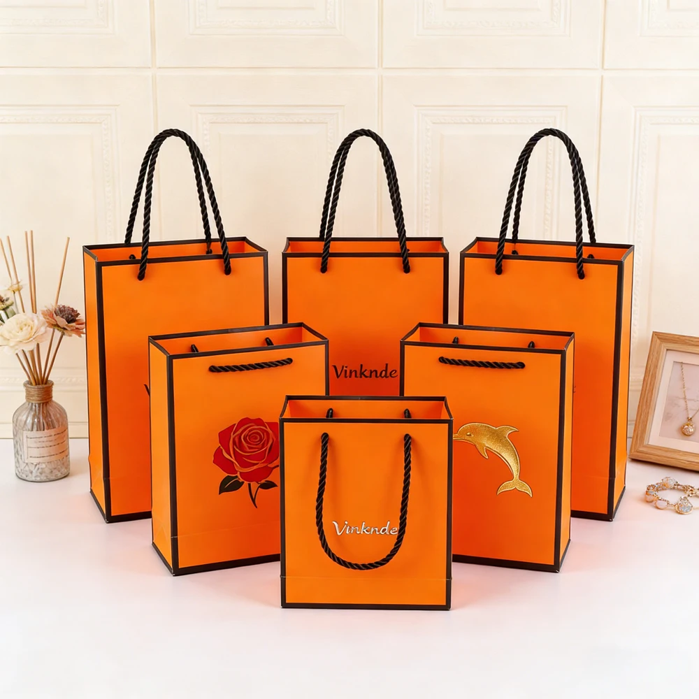 

50Pcs Orange Paper Gift Tote Bag Handbag for Candle Craft Cosmetic Lipstick Custom Logo Wedding Christmas Baby Shower Candy Bags