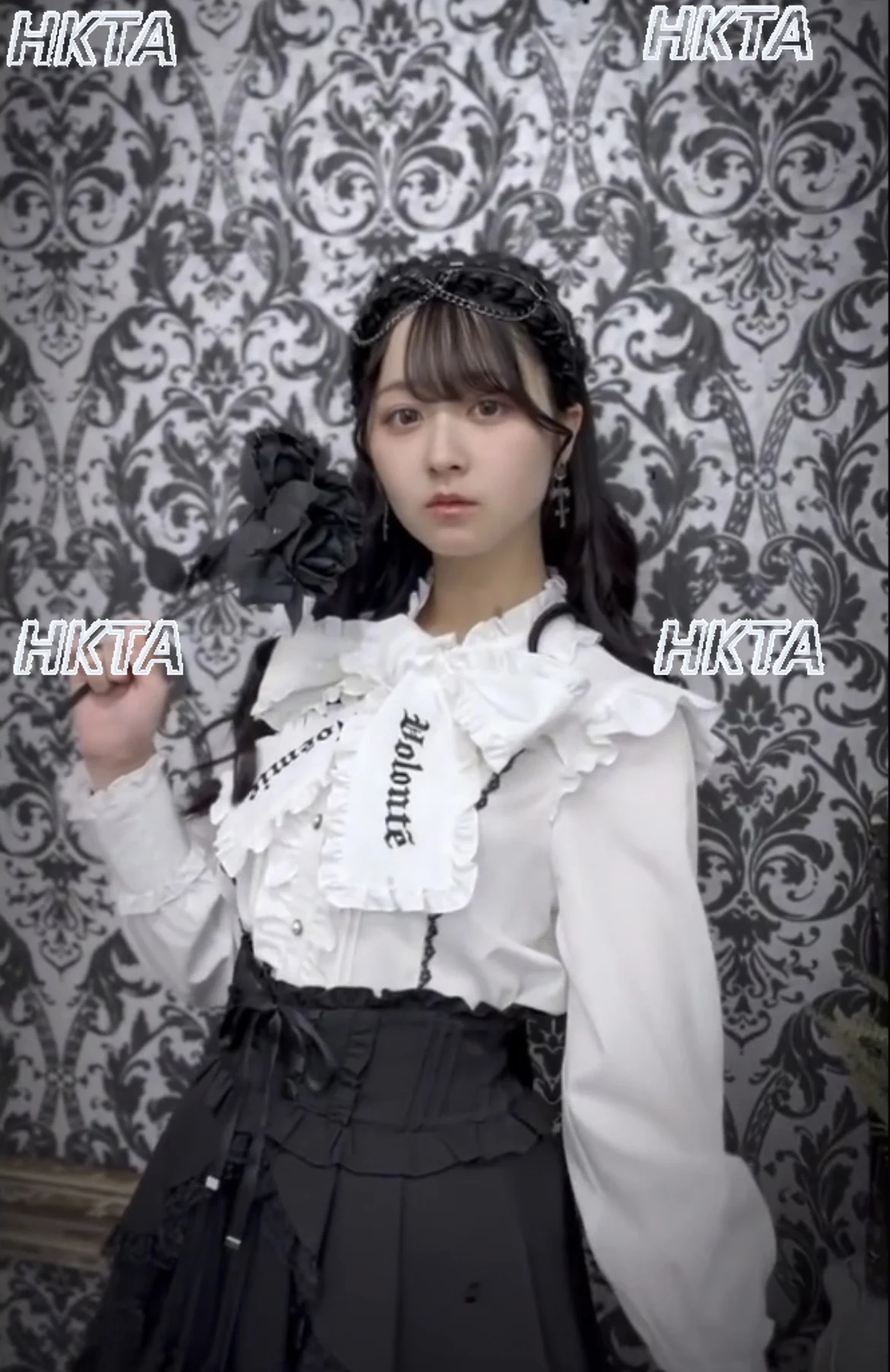 

Japanese Gothic Ruffle Bow Tie Long Sleeved Stand Up Collar Shirt Women Blouse Subculture Alphabet Print Black Blouses Tops