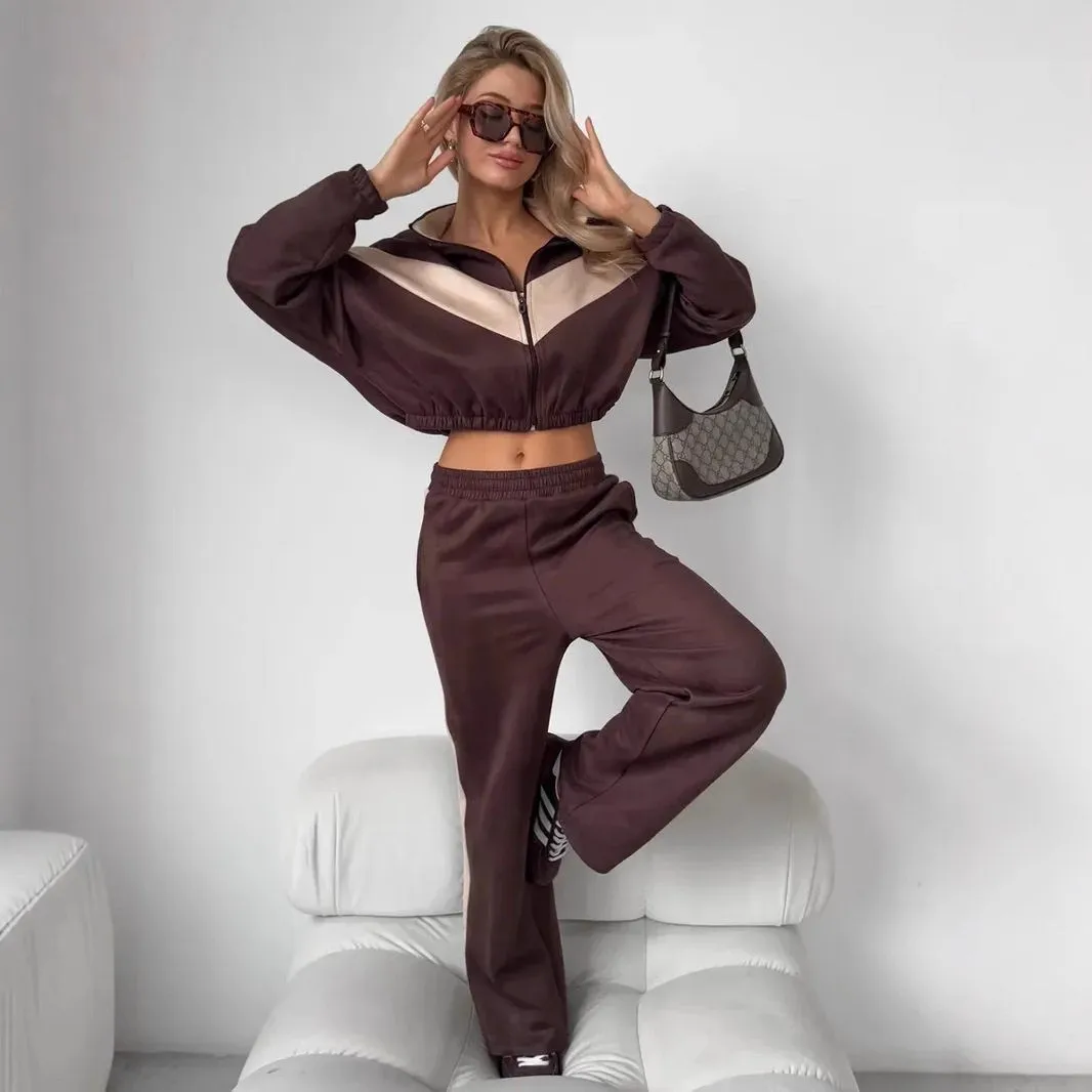 Casual Ladies Color Block Long Sleeve Zipper Open Cardigan Contrast Color Outerwear Elastic Pants Two Piece Set Street Style ...