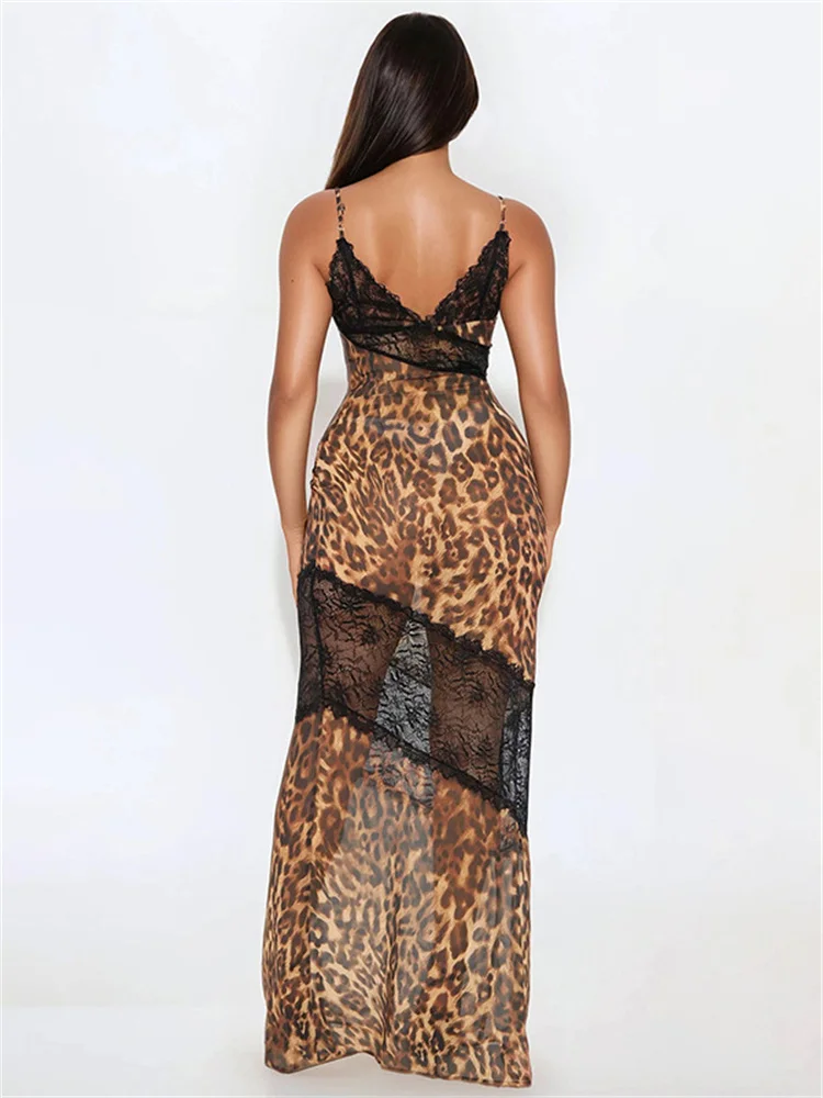 Simenual Hot Rave Patchwork di pizzo Stampa leopardata Cinghie Abito lungo Donne sexy Clubwear Abito da festa sottile Y2K Abiti con scollo a V trasparenti
