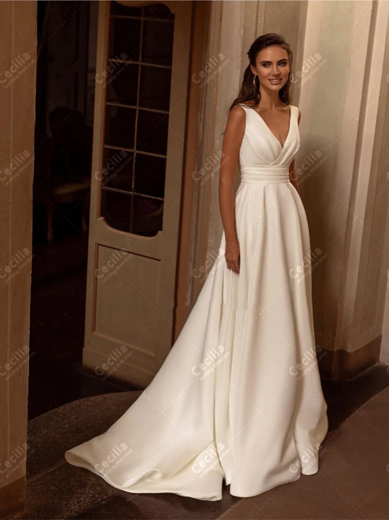 Simple Wedding Dresses A-Line Satin Bridal Gowns V-Neck Sleeveless Robes For Formal Party Graceful Backless Vestidos De Novia