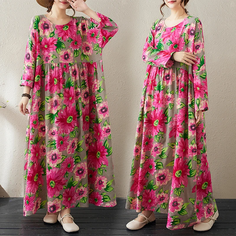 

Retro Large Floral Cotton Linen Long Sve Dr Loose round Ne Autumn Gown Ele Long Floral Skirt for plus Size Women