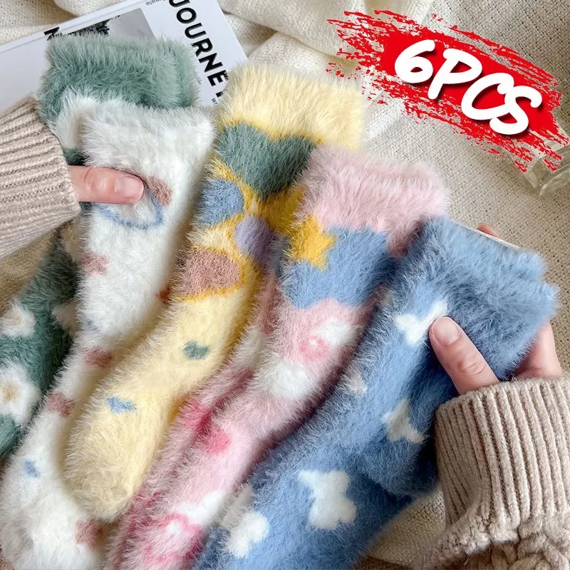 

Пушистые плюшевые чулки, средние носки-трубочки для женщин, милые плюшевые носки с бабочкой и белым облаком из мультфильма норки, домашние носки для пола