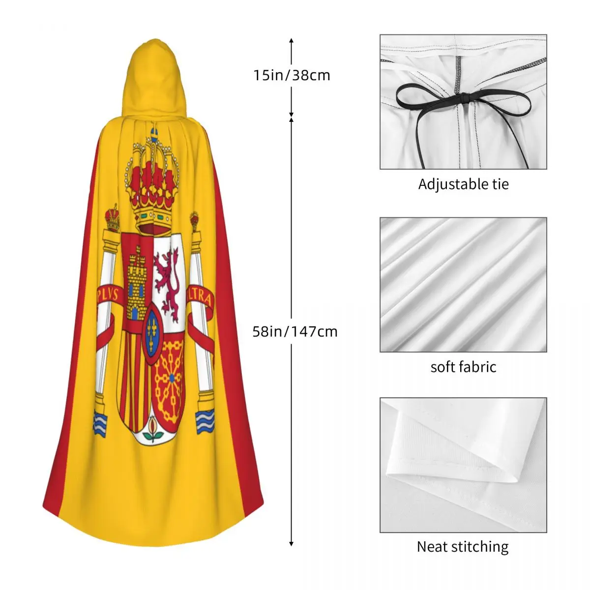 Unisex Adult Spain Flag Cloak with Hood Long Witch Costume Cosplay