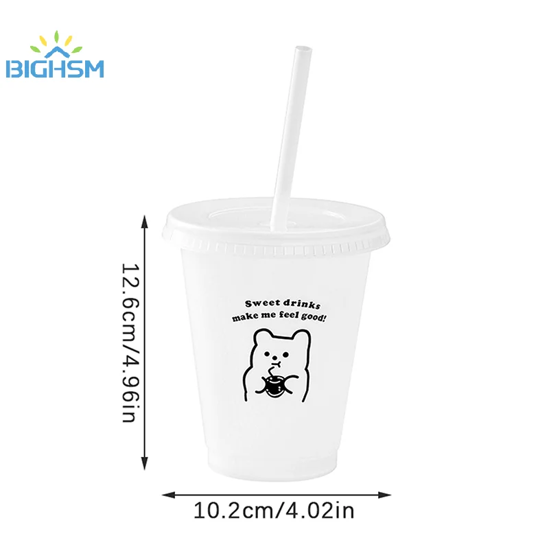 Kawaii Water Bottle For Coffee Juice Milk Tea Cute Plastic Cold Cups With Straw Lid Portable Reusable Drinking Bottle BPA Free