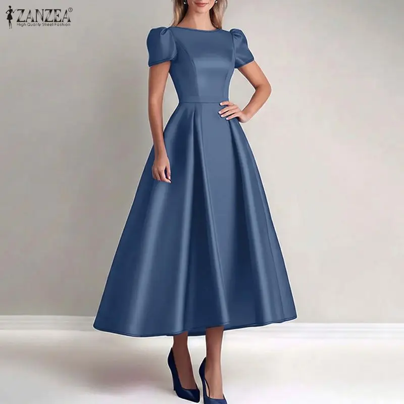Elegantes Partykleid 2026 ZANZEA Luxuriöses Abendkleid Stilvolles Damen Kurzarm A-Linien Satin-Kleid Hohe Taille Einfarbige Robe