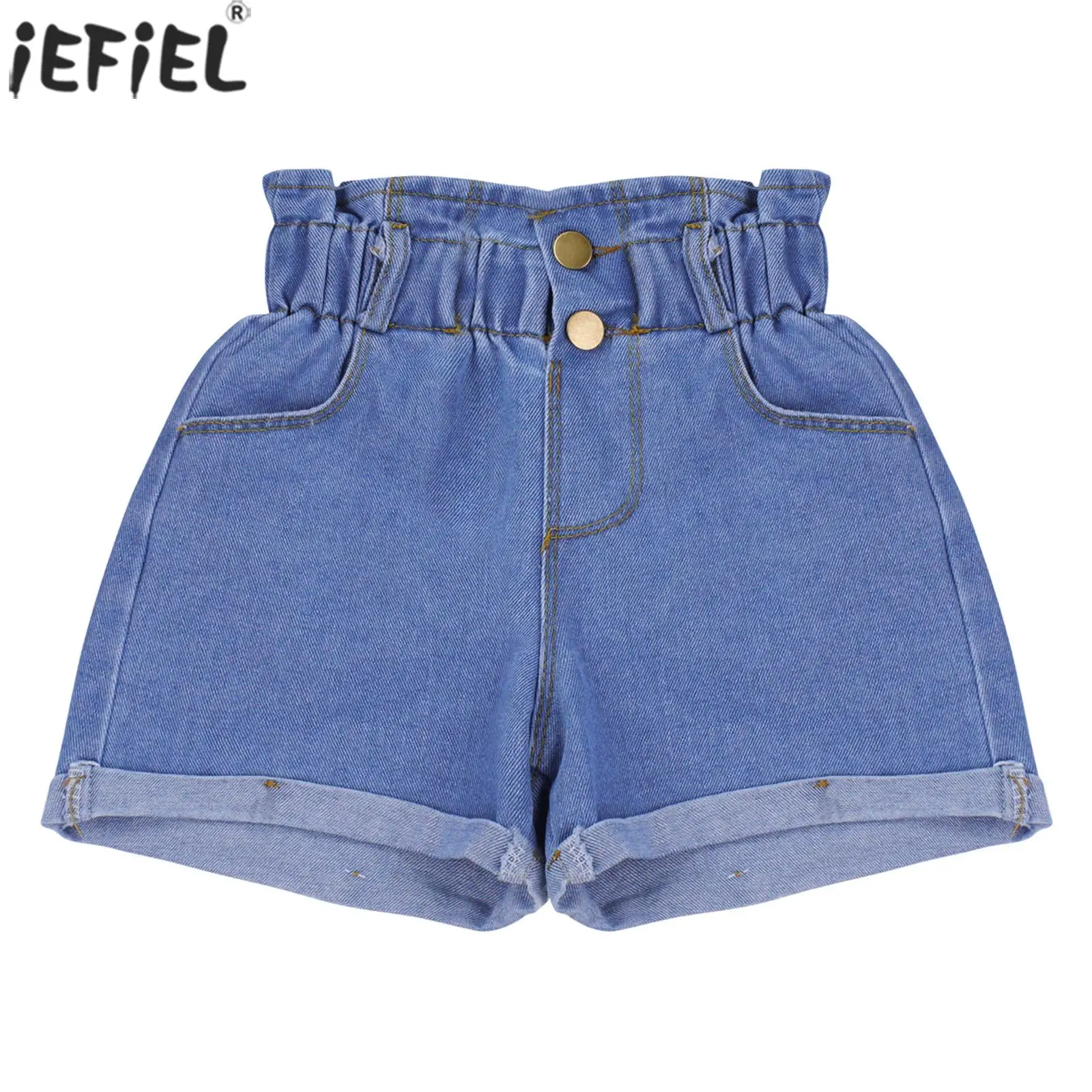 

Denim Shorts for Kids Girls Kids Stylish Clothing Elastic Waistband Button Decor Solid Color Crimping Hem Shorts for Casual Wear