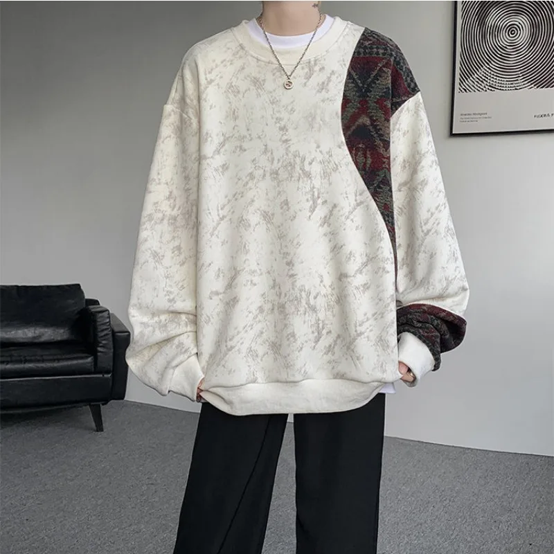 

2026 New Men's Textured Print Stand Collar Henley Shirt Baggy Fit Lightweight Streetwear Top Crew Neck Sweatshirt