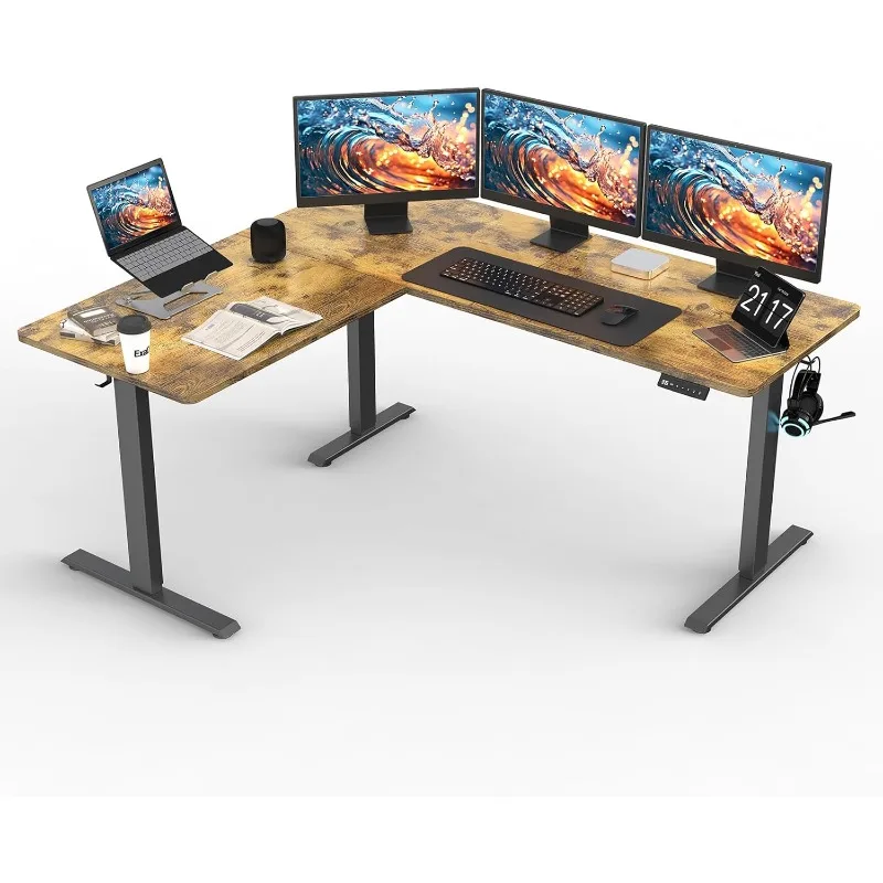 63 * 55 inch L Shaped Electric Adjustable Height Standing Desk, Sit Stand Computer L Desk for Gaming Office