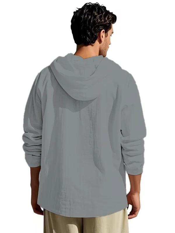 Herren Baumwoll-Leinen Kapuzen-Henley-Shirt Pullover Atmungsaktiv Bequem Neuer Stil Vielseitige Freizeitkleidung – Detail 16