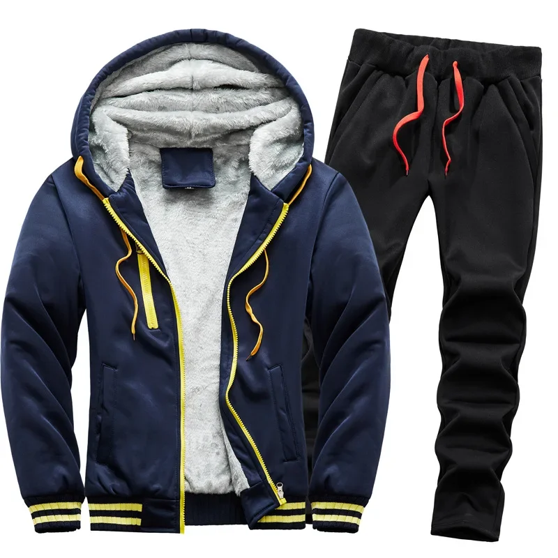 Immagine 7: Completi da uomo invernali, giacca calda e spessa con cerniera e cappuccio, felpa con cappuccio e pantaloni, abbigliamento sportivo di marca, capo casual in pile, felpa con cappuccio.