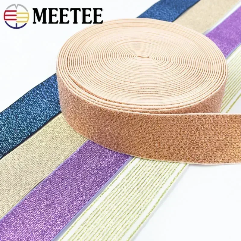 Meetee 2/5/10M 25–50 mm Nylon-Spandex-Klebeband, Gold, Silber, Seide, elastisches Band, Gummi-Gurtband, Rock, Gürtel, Nähzubehör