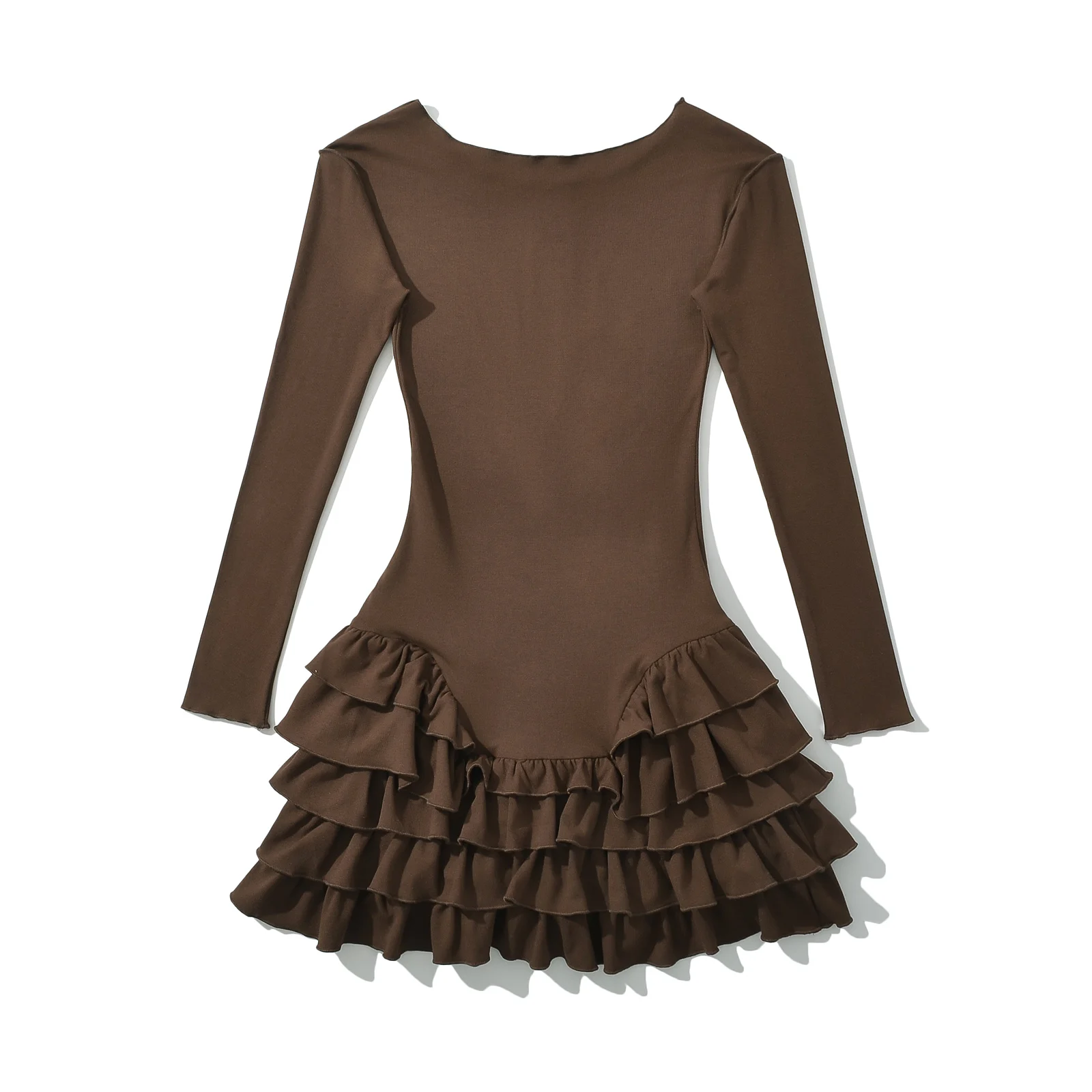 2025 sexy orelhas de madeira em camadas babados hem vestido de manga longa feminino o pescoço cintura baixa magro vestidos curtos mini robe