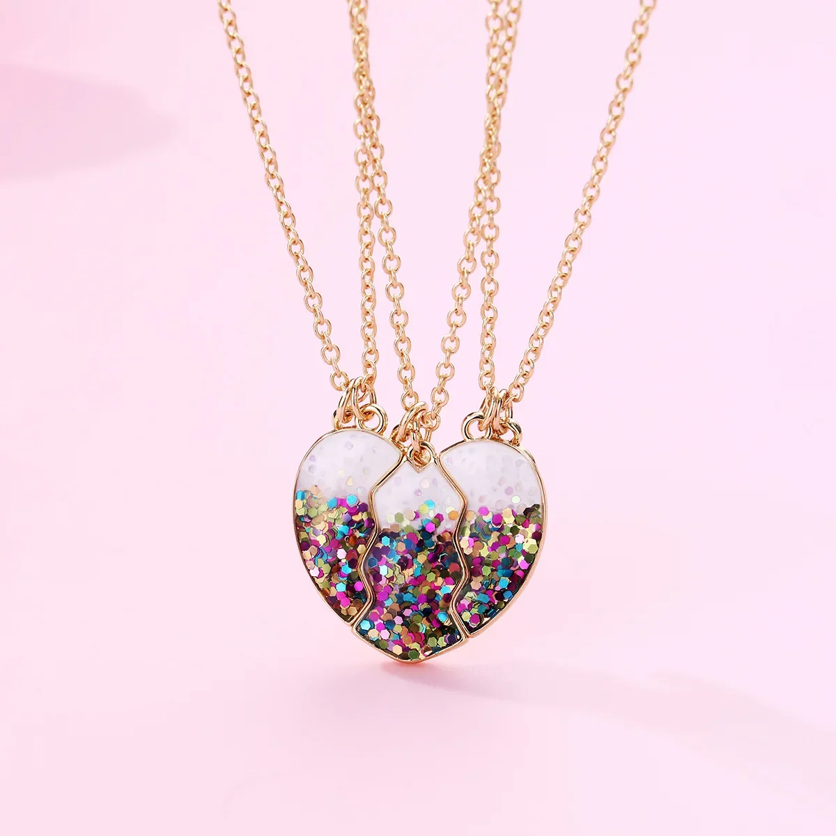 3pcs Chic Sequin Heart Magnet Necklace for Women Girls Korean Dainty Broken Heart Clavicle Chain BFF Best Friends Jewelry Gifts